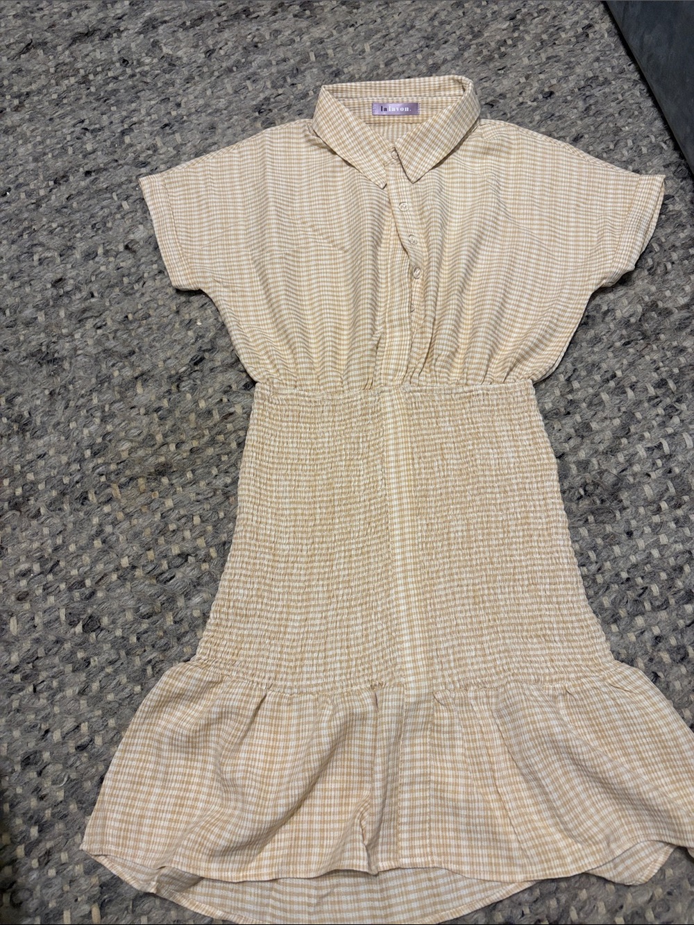 Lalavon Light Beige Check Shirt Dress with Smocked Waist